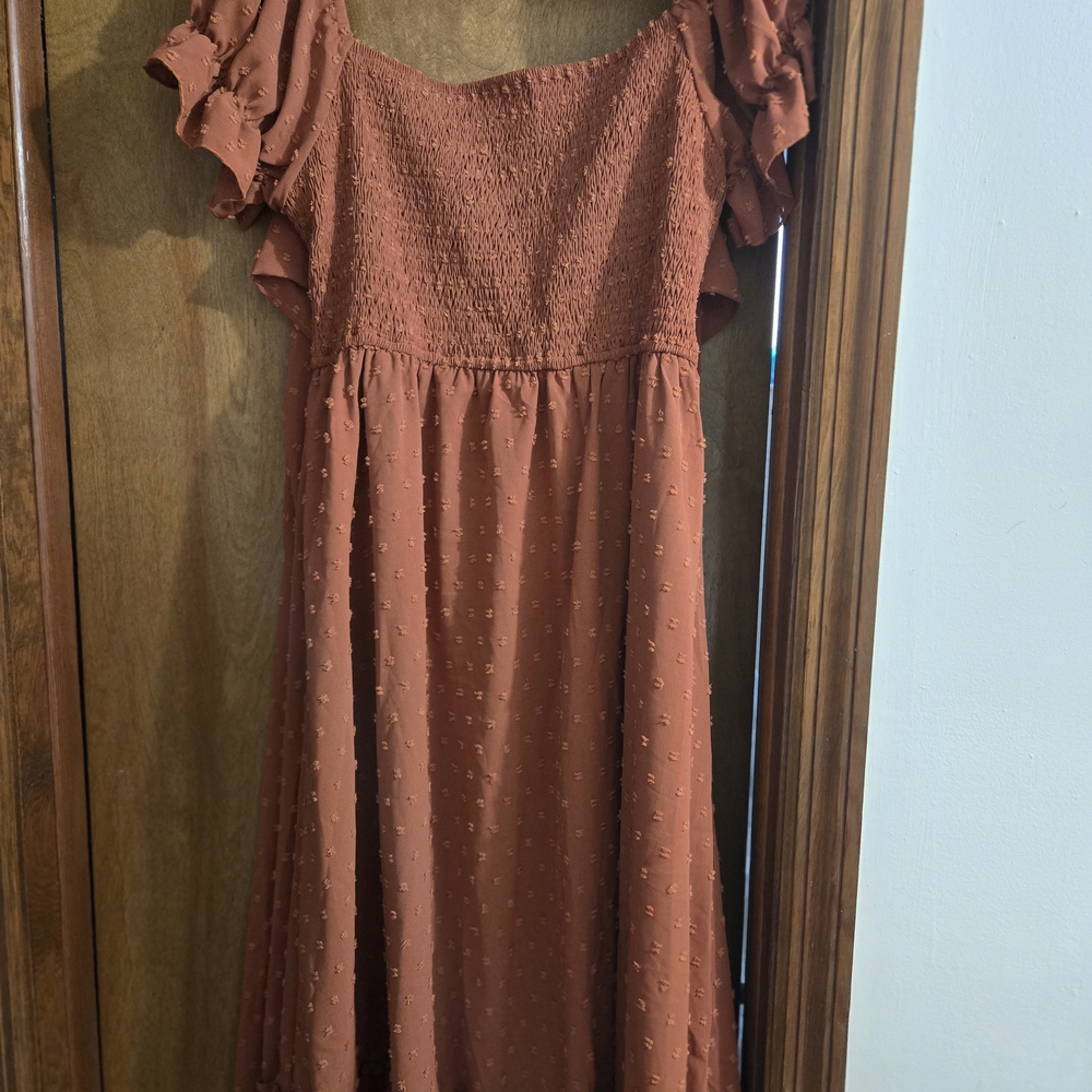 Rust Orange Smocked Dress with Ruffle Sleeves